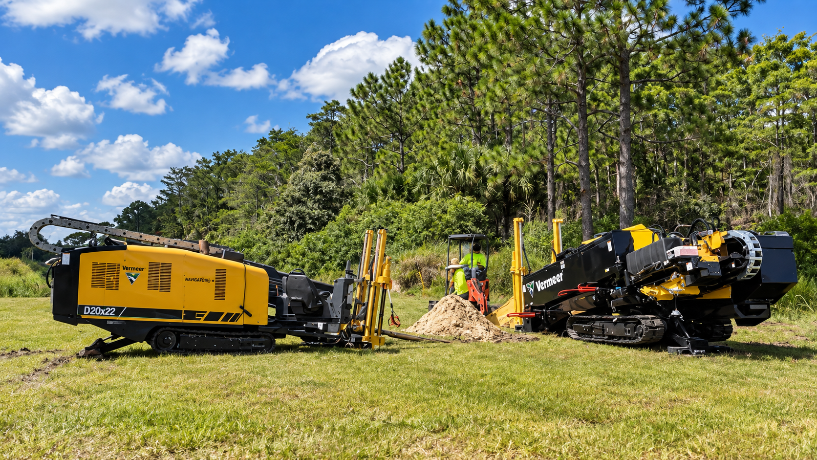 Two yellow and black directional drilling rigs at an outdoor worksite